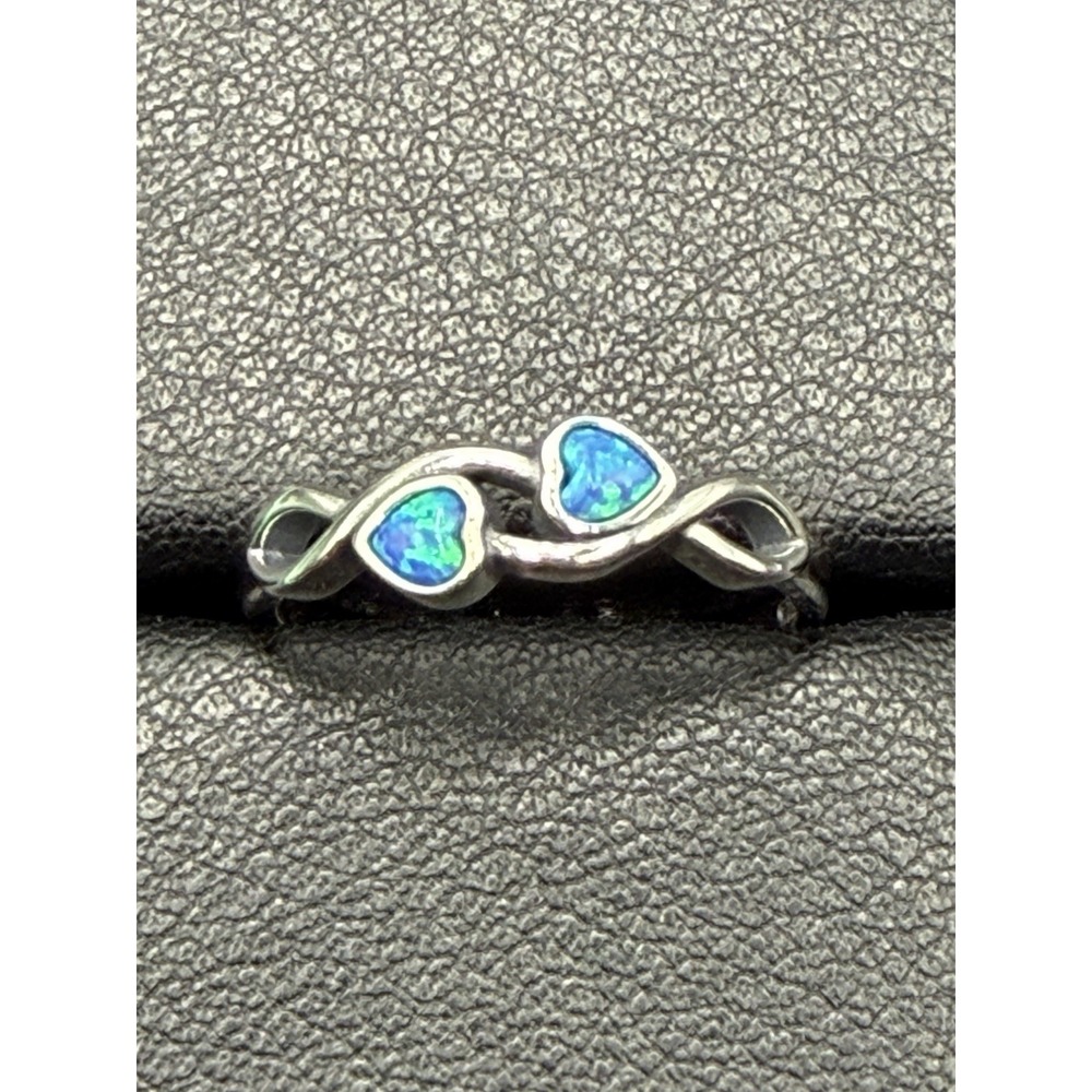 New Condition Sterling Silver Lab Blue Opal Double Hearts Ring Size 7 J16